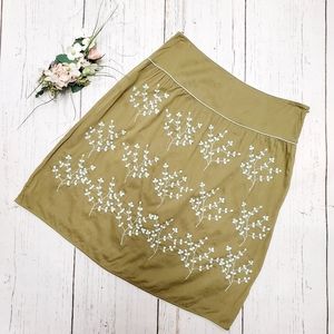 Odille Anthropologie Olive Embroidered Skirt